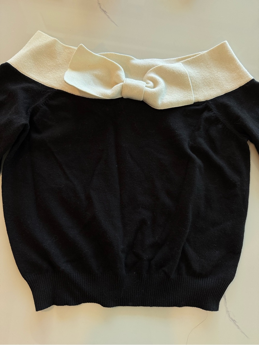 Black Sweater with Cream Bow Collar - Women's Off-Shoulder Pullover